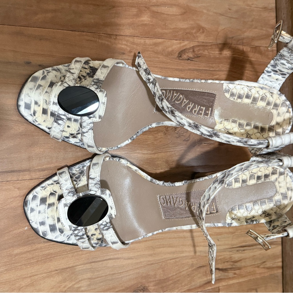 Salvatore Ferragamo Cream Snake-Print Ankle Strap Sandals With Black Accent